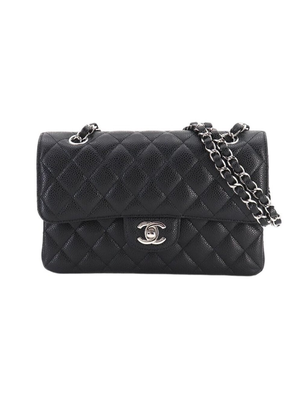 Chanel Quilted 23 Chain Shoulder Bag Caviar Leather Black Silver